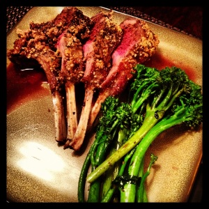 Walnut Crusted Rack of Lamb and Grilled Broccolini